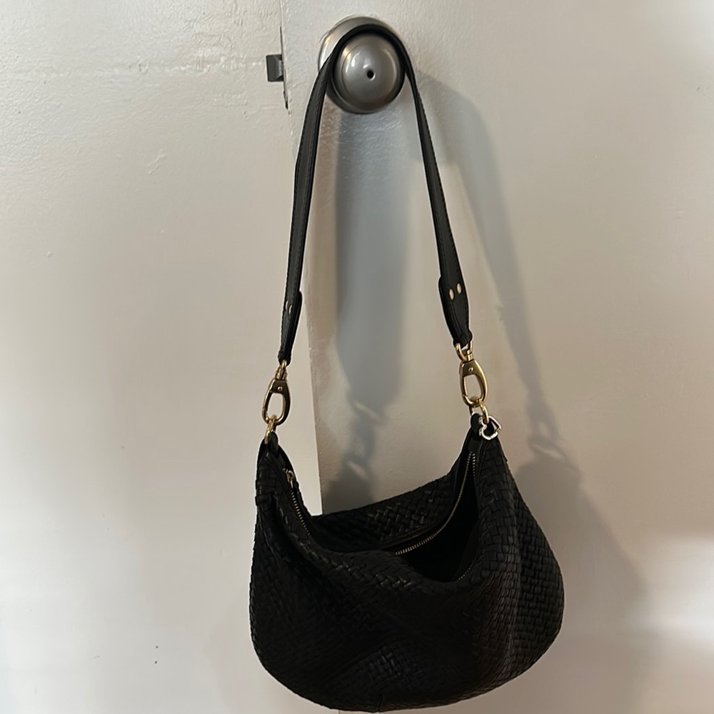 Chic Black Crescent Shoulder Bag with Gold Hardware